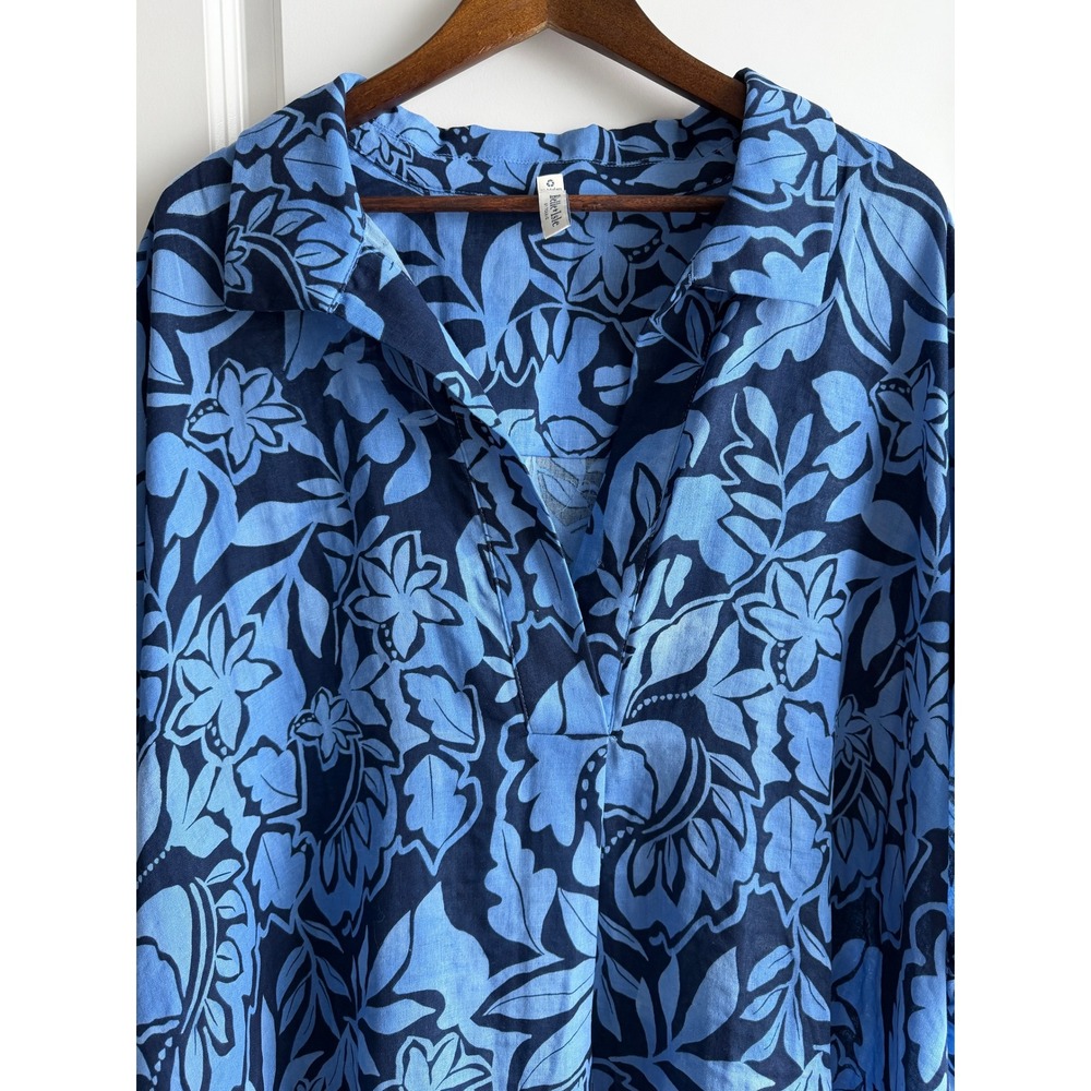 Belle Asle Blue Floral Organic Linen Midi Caftan Dress Short Sleeve Pocket - Picture 12 of 16
